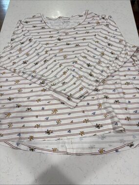 Duluth Trading Co White Striped Floral Three Quarter Sleeve Tee